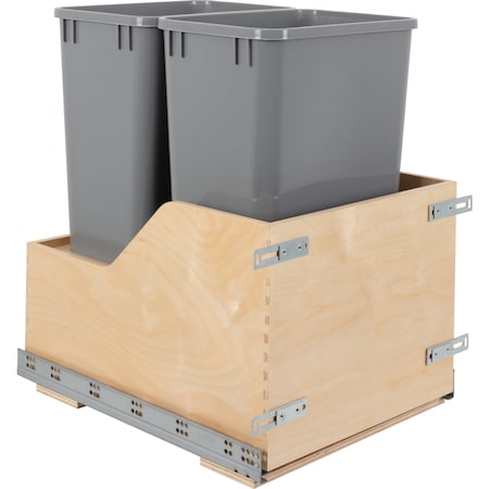 Hardware Resources Dbl 50 Quart Wood Bottom-Mount Soft-Close Trashcan Rollout For Door Mounting, Includes 2 Grey Cans CDM-WBMD5018G